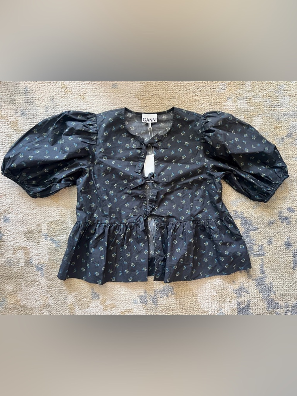 Ganni Cotton Peplum Blouse with Blue and White Floral Print